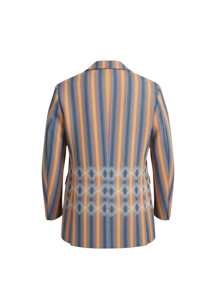 Tralulu blazer de riscas coloridas com padrão geométrico nos bolsos, lapelas clássicas e botões azuis.