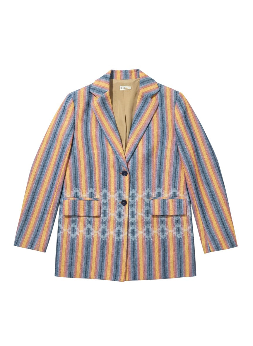 Tralulu blazer de riscas coloridas com padrão geométrico nos bolsos. Tecido leve, ideal para o verão.