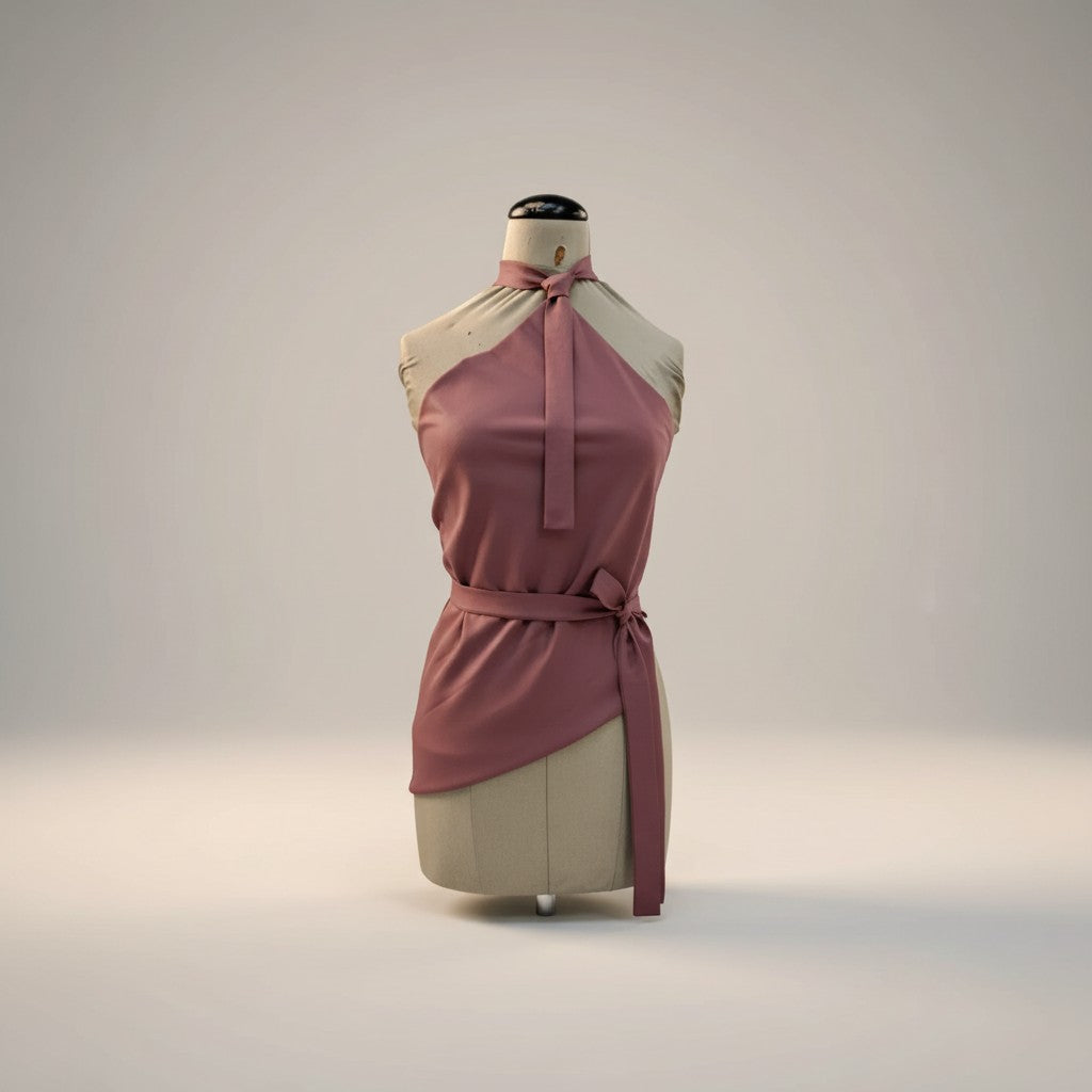 Tralulu blusa de seda rosa com decote halter e cinto para mulher. Design elegante com laço no pescoço e drapeado.
