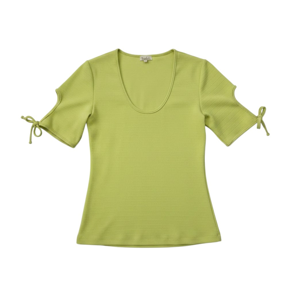Tralulu blusa verde-limão com mangas curtas e detalhes de laço, tecido texturizado.