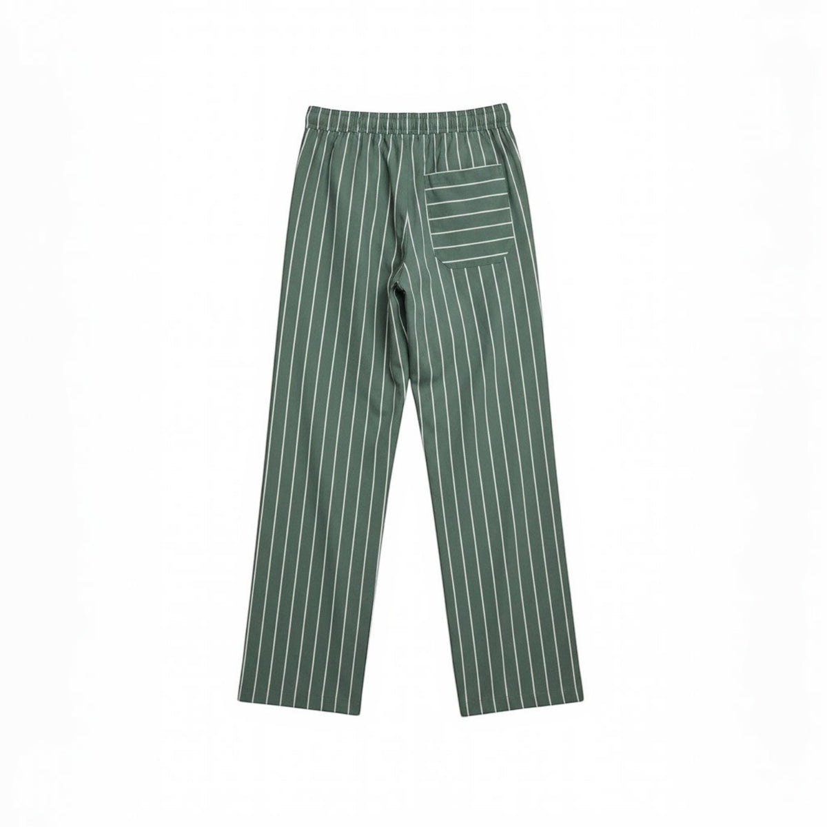 Calças de pijama Tralulu verde-oliva com riscas verticais brancas, cós elástico e um bolso traseiro.