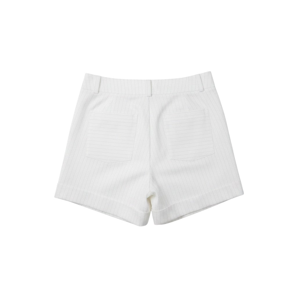 Conjunto de calças e saia de verão Tralulu em linho branco com riscas finas e cintura elástica.