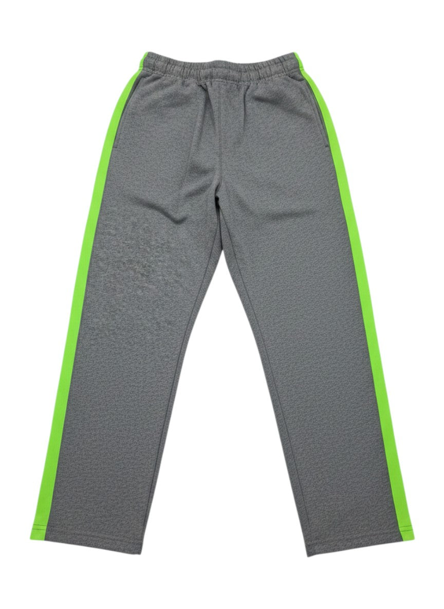 Calças de treino Tralulu cinzentas com faixas laterais em verde néon, cintura elástica e corte desportivo confortável.