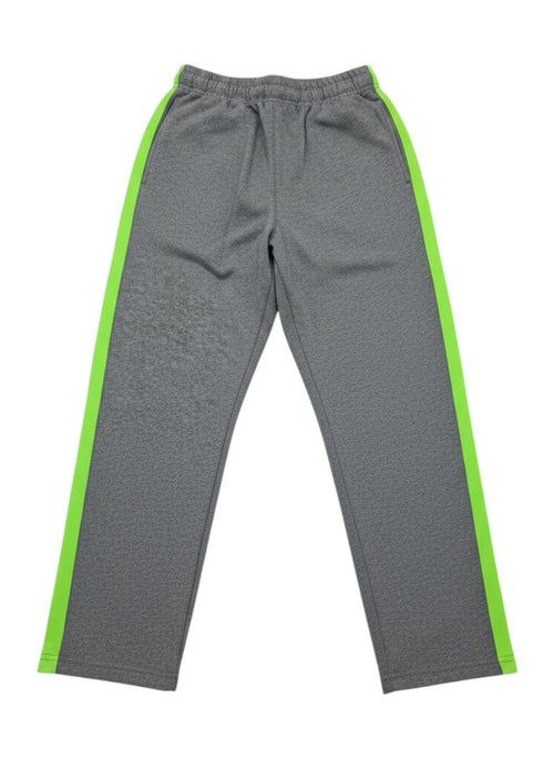 Calças de treino Tralulu cinzentas com faixas laterais em verde néon, cintura elástica e corte desportivo confortável.