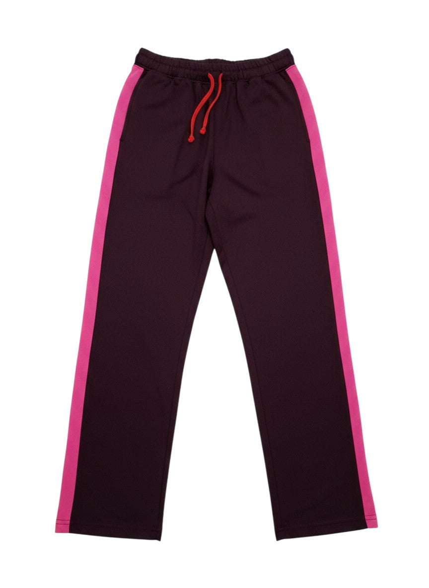 Calças de treino Tralulu roxas com faixas laterais cor-de-rosa e cordão ajustável vermelho na cintura elástica.
