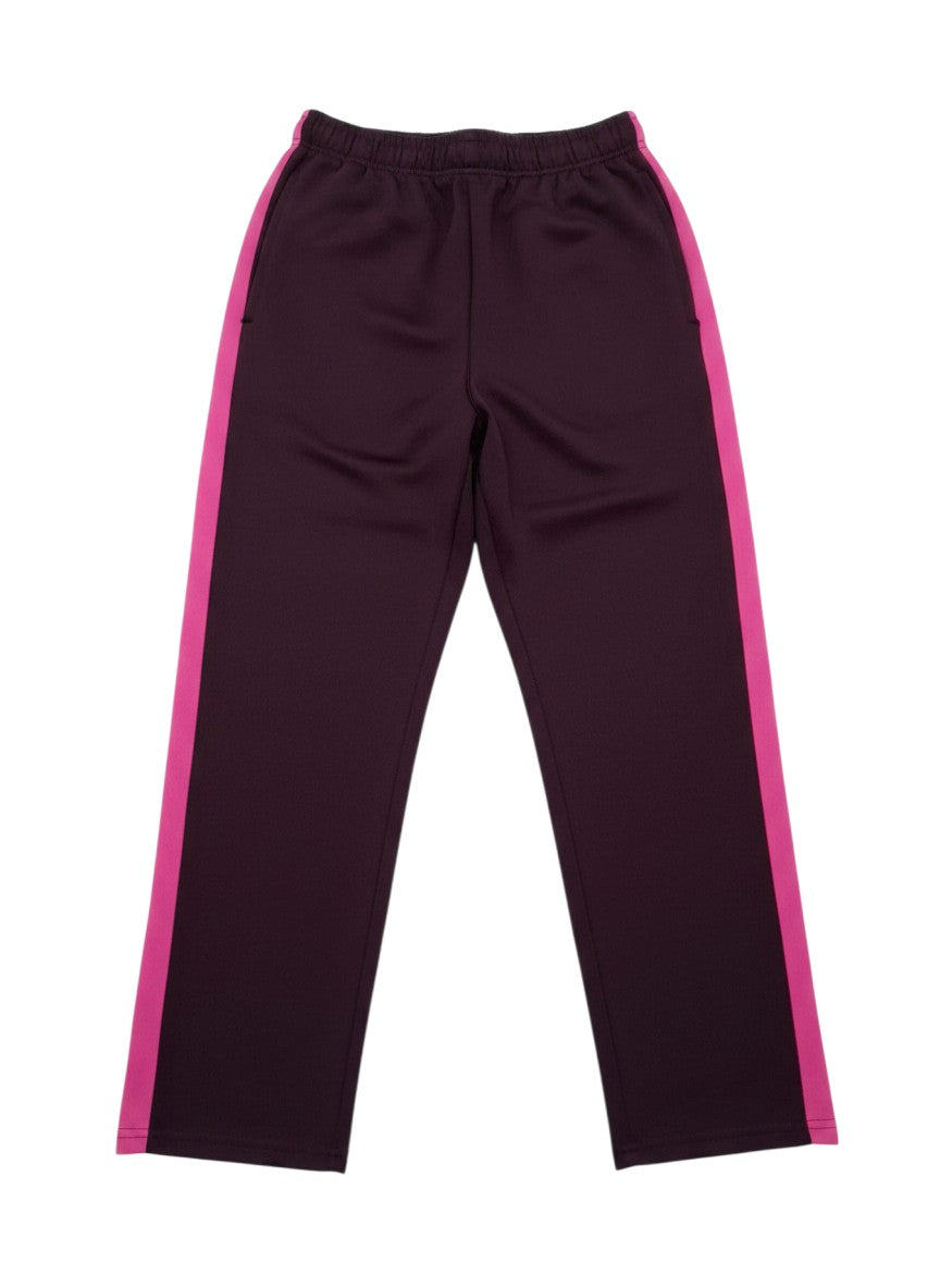 Calças de treino Tralulu roxas com faixas laterais cor-de-rosa, cintura elástica e corte desportivo confortável.