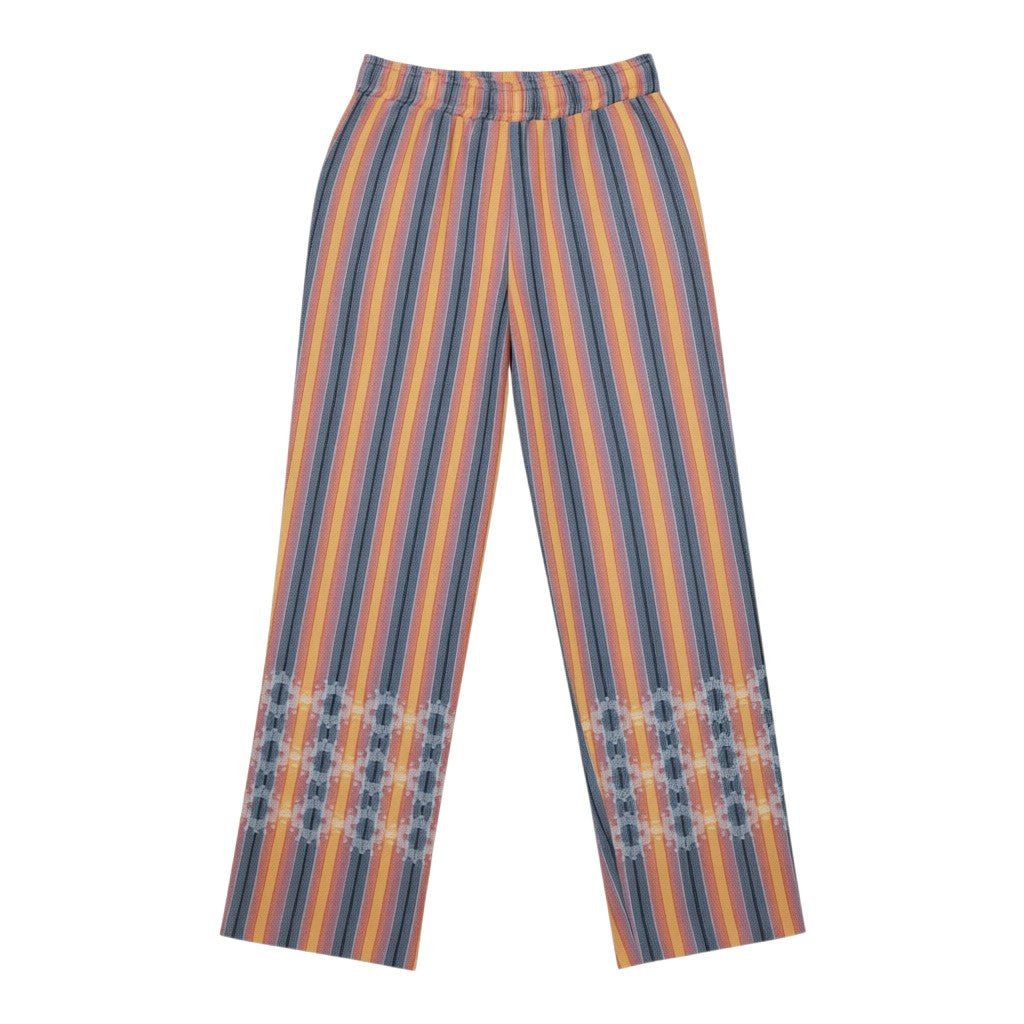 Conjunto de calças e saia de verão Tralulu com padrão de riscas verticais em laranja, amarelo e azul, com detalhe de padrão geométrico na bainha.
