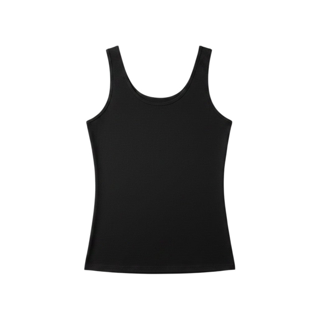 Trululu camisola preta básica de alças finas em malha macia, decote redondo.