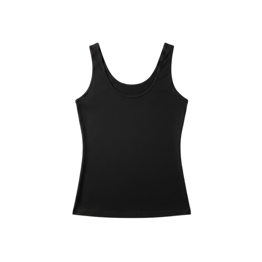 TráluLu camisola preta básica de alças finas, decote redondo e bainha ligeiramente arredondada. Material macio e confortável.