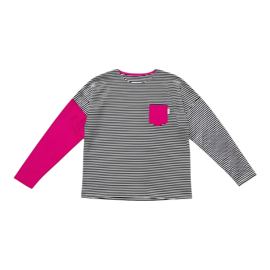 Tralulu t-shirt de manga comprida às riscas pretas e brancas com manga contrastante em verde néon e bolso.
