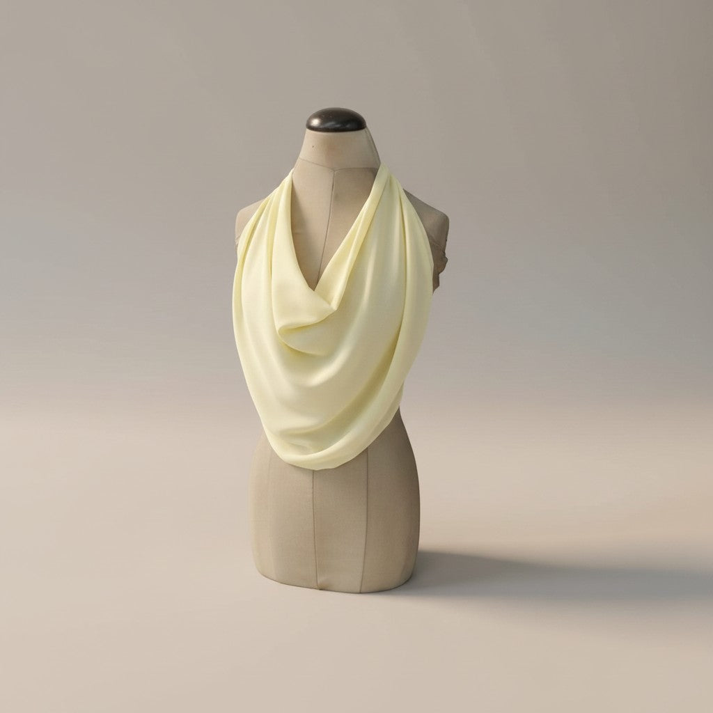 Top Tralulu em malha amarela pálida com decote halter e drapeado elegante, sem mangas.