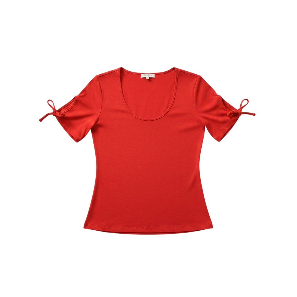 Tralulu T-shirt vermelha de manga curta com laços ajustáveis nos punhos e decote em U.
